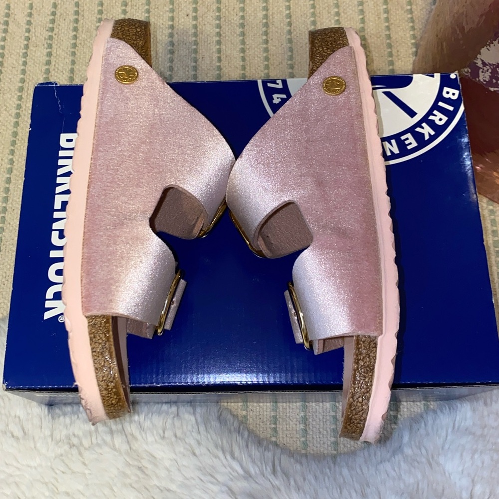 Birkenstock Pink Arizona Big Buckle Velvet Sandals - Picture 8 of 9